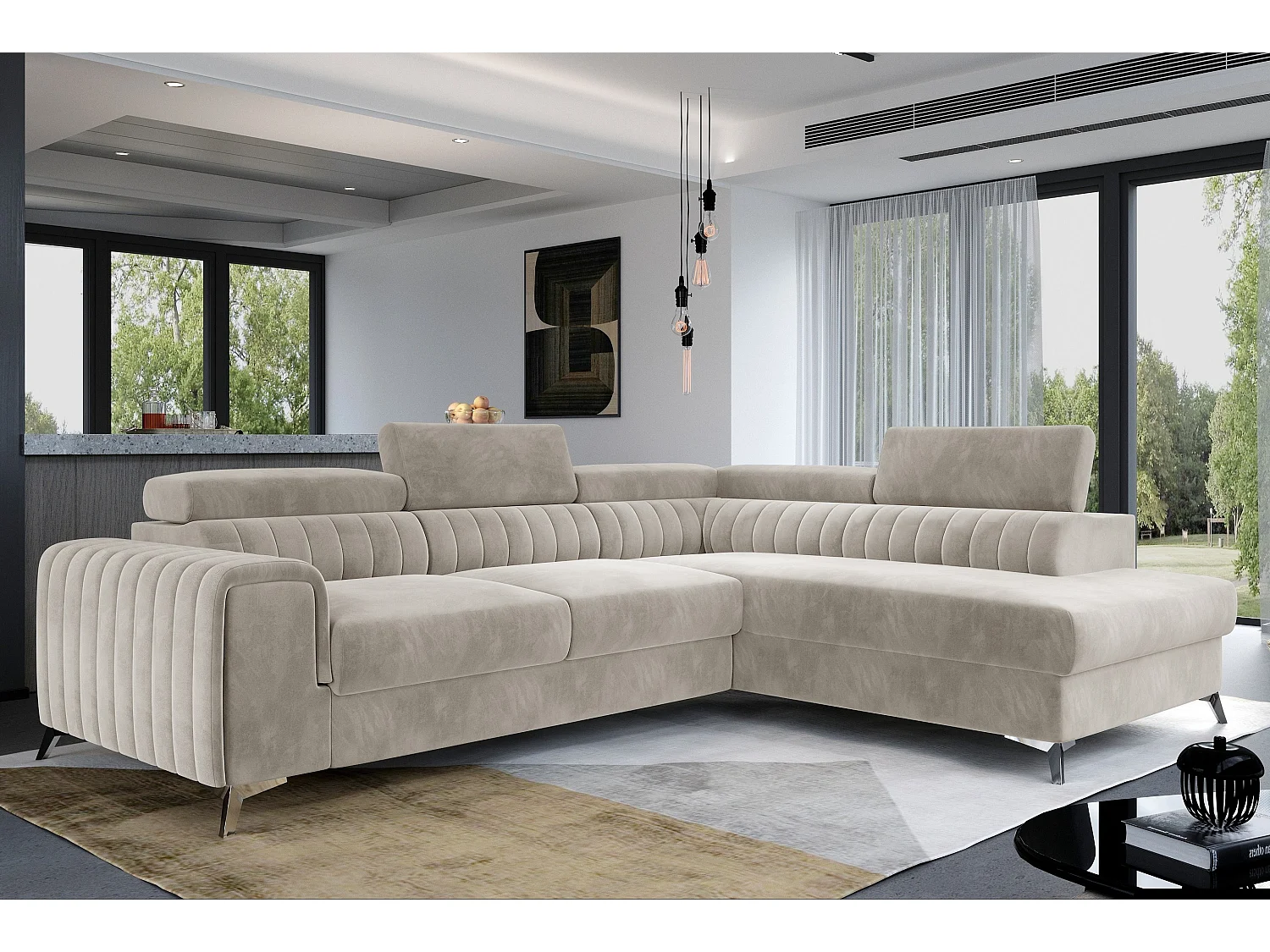 Canapé angle droit convertible avec appuis-tête réglables velours beige clair Lozan 275cm