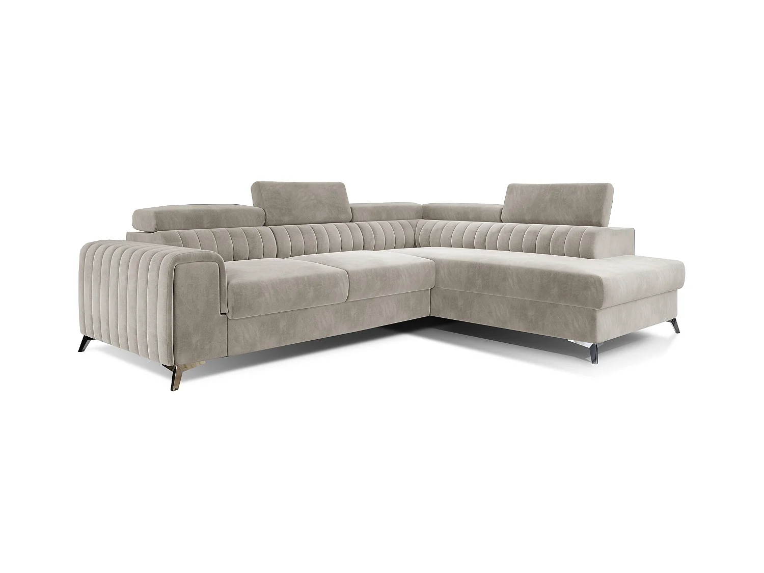 Canapé angle droit convertible avec appuis-tête réglables velours beige clair Lozan 275cm