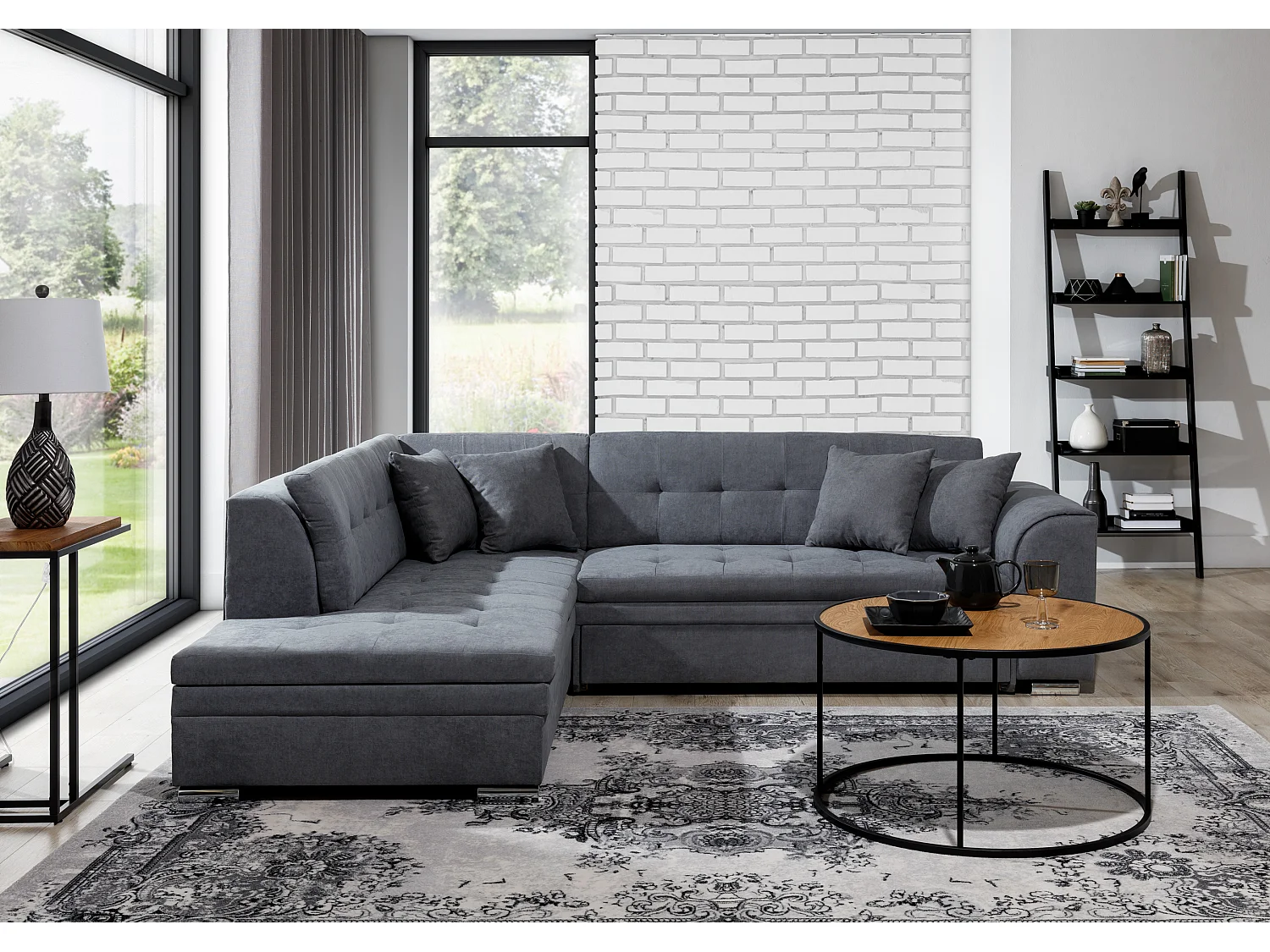 Canapé convertible angle gauche velours noir et chromé Pika 260cm