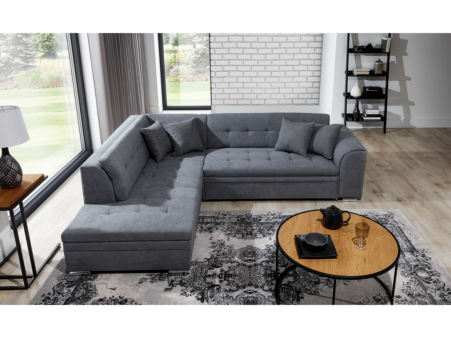 Canapé convertible angle gauche velours noir et chromé Pika 260cm