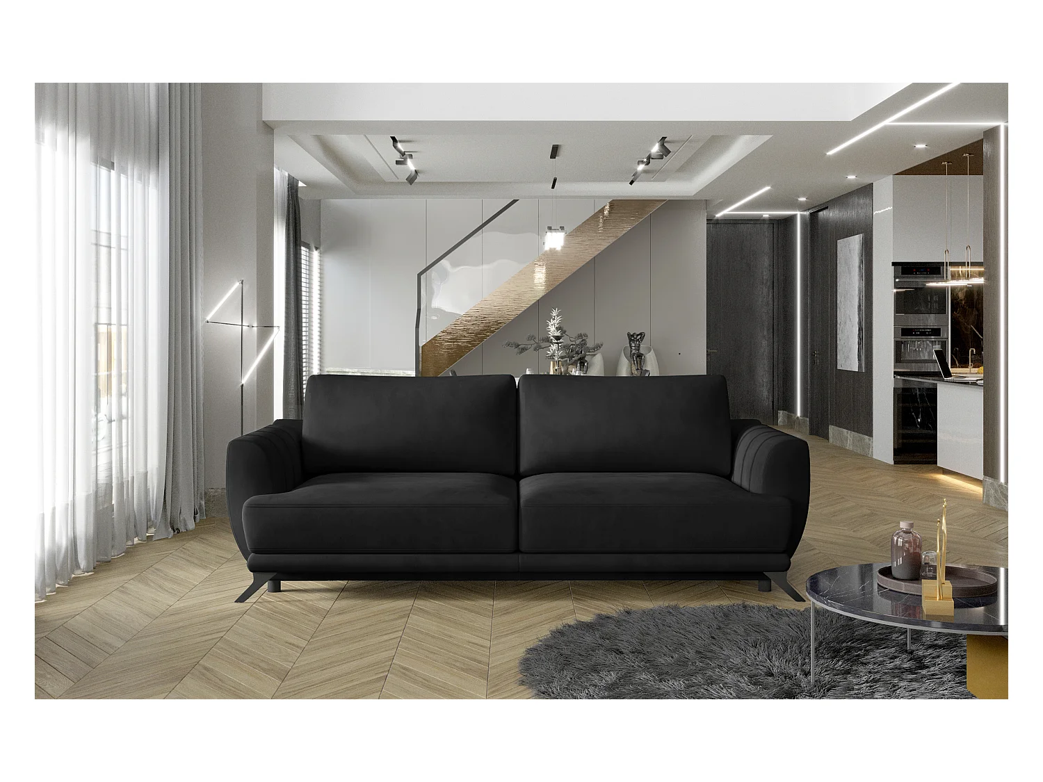 Canapé convertible 3-4 places velours anthracite et pieds métal noir Zora 250cm