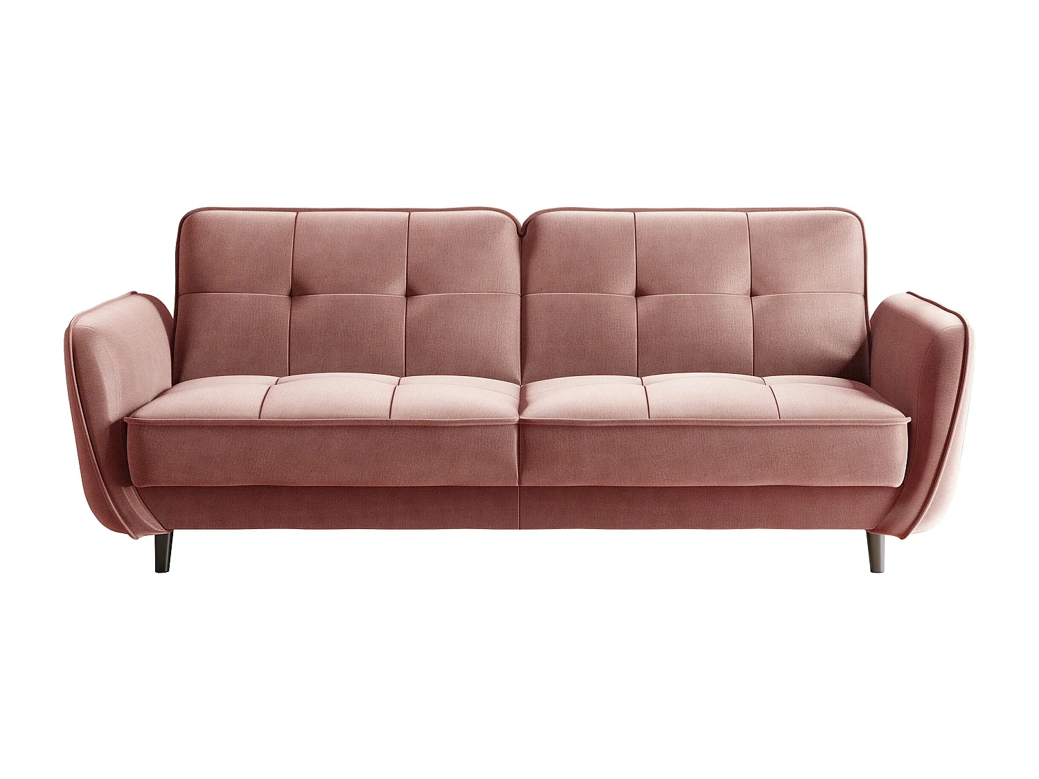 Canapé convertible 3 places tissu doux rose capitonné et pieds bois noir Bizza 220cm