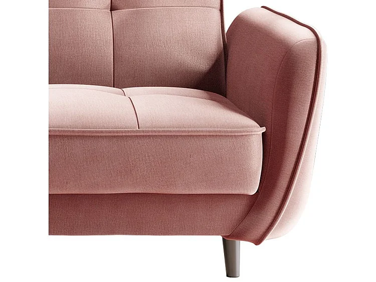 Canapé convertible 3 places tissu doux rose capitonné et pieds bois noir Bizza 220cm