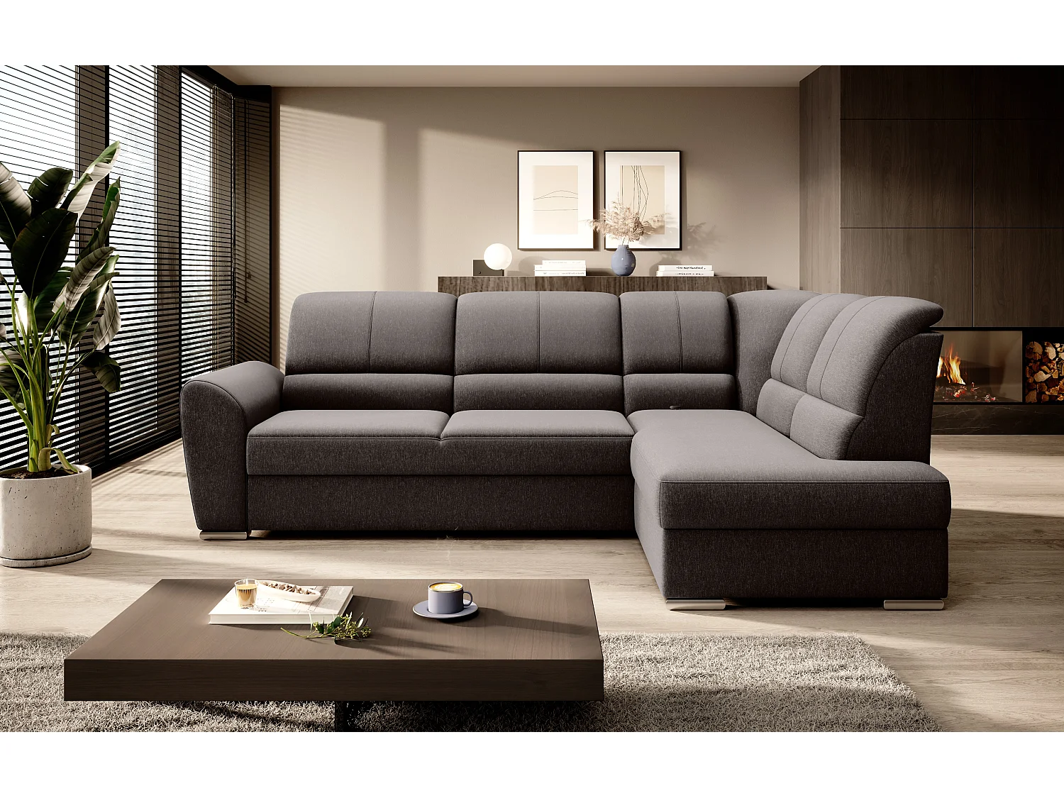 Canapé angle droit convertible tissu marron et pieds acier chromé Zabor 270cm