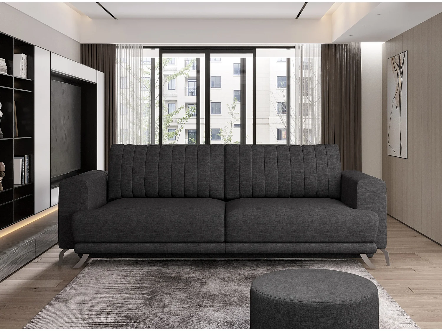 Canapé convertible design 3-4 places tissu gris foncé chiné et pieds acier chromé Eliza 250cm