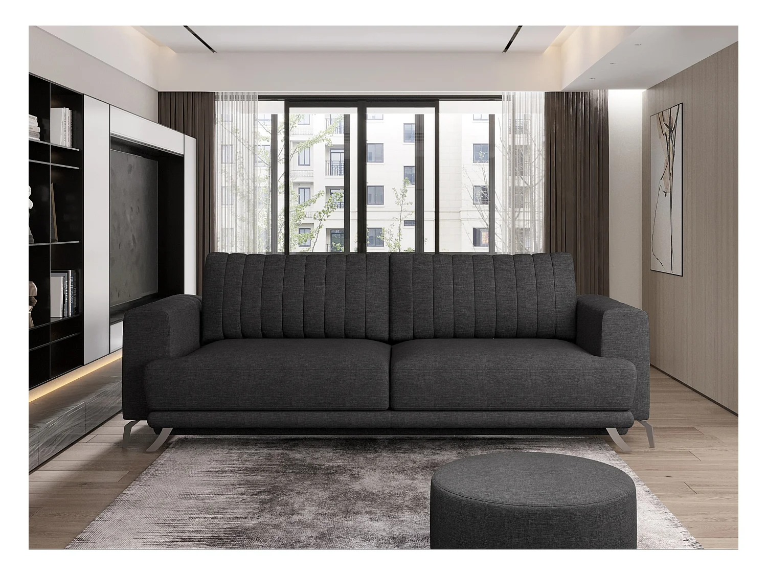 Canapé convertible design 3-4 places tissu gris foncé chiné et pieds acier chromé Eliza 250cm