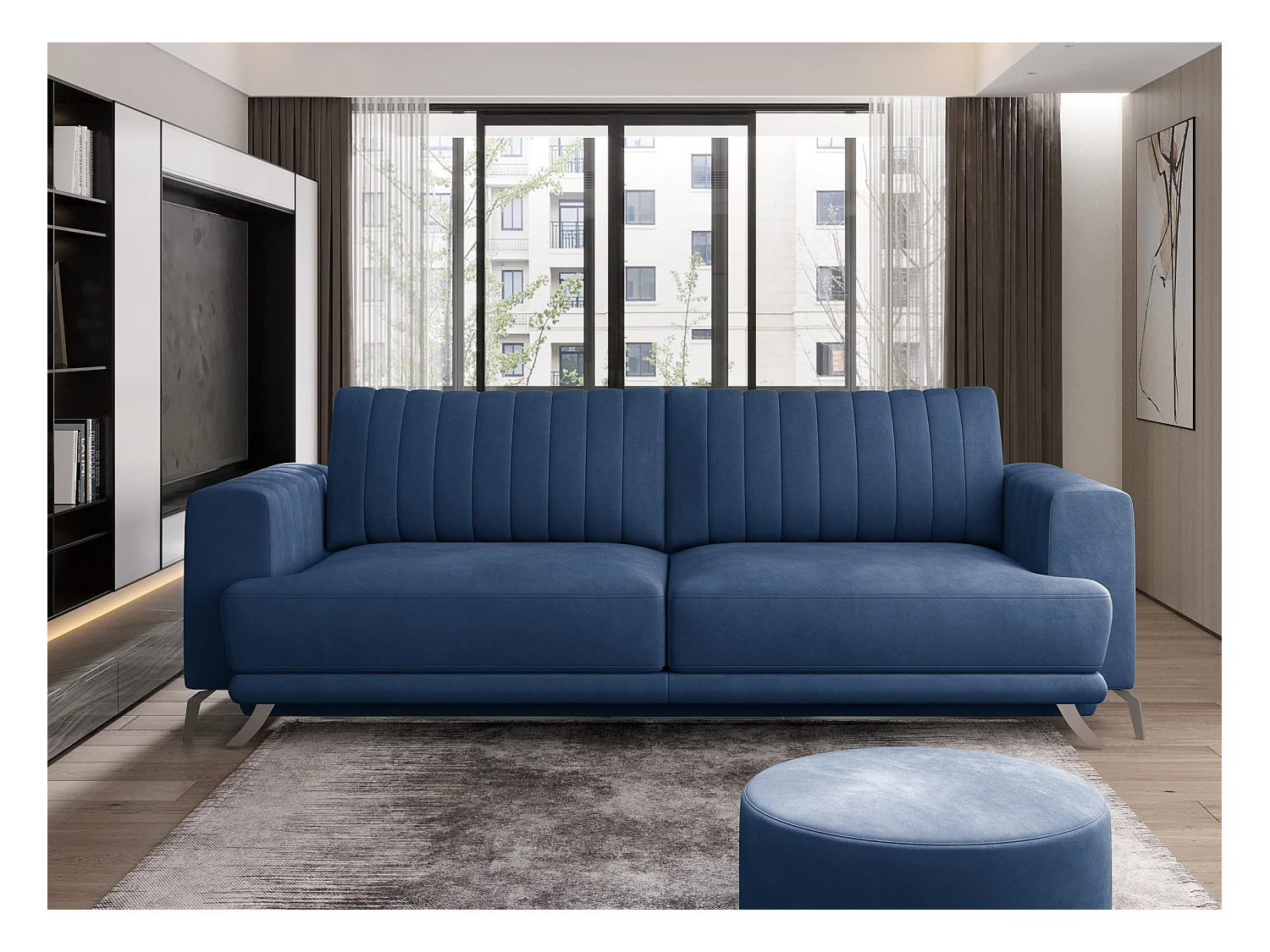 Canapé convertible design 3-4 places velours bleu et pieds acier chromé Eliza 250cm