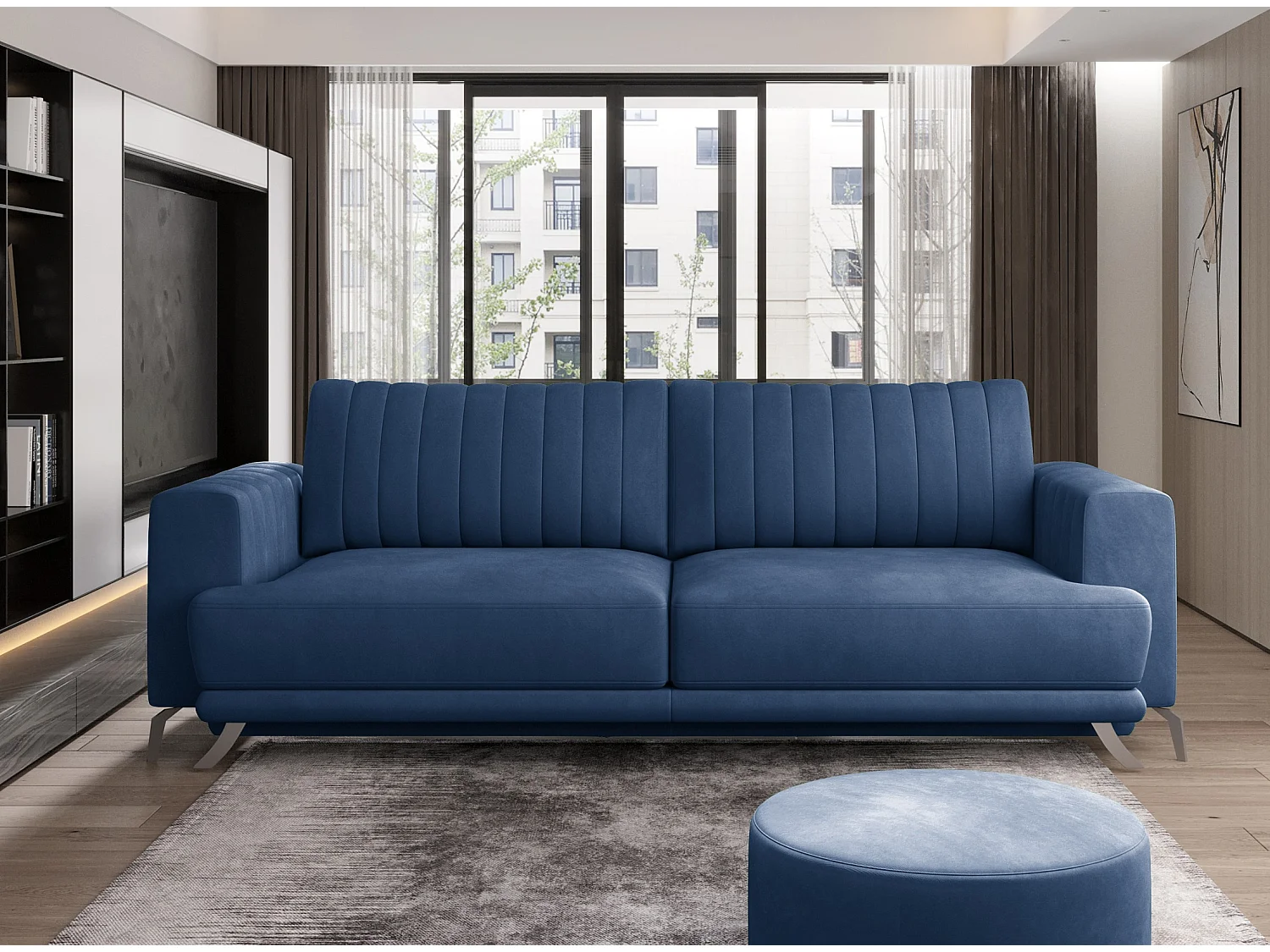 Canapé convertible design 3-4 places velours bleu et pieds acier chromé Eliza 250cm