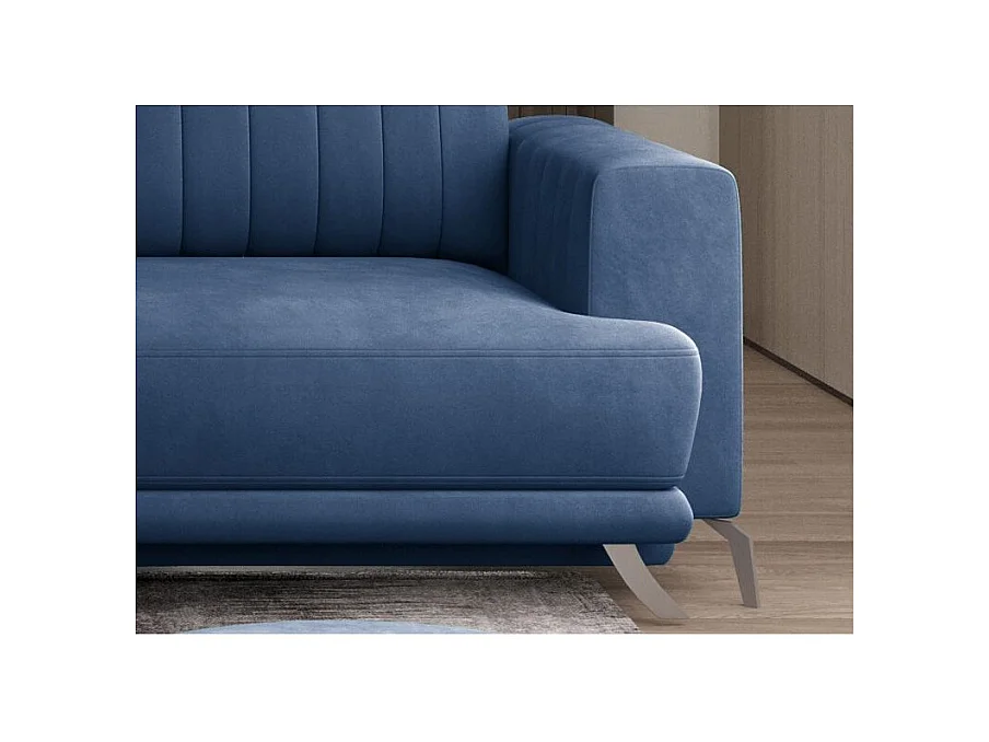 Canapé convertible design 3-4 places velours bleu et pieds acier chromé Eliza 250cm