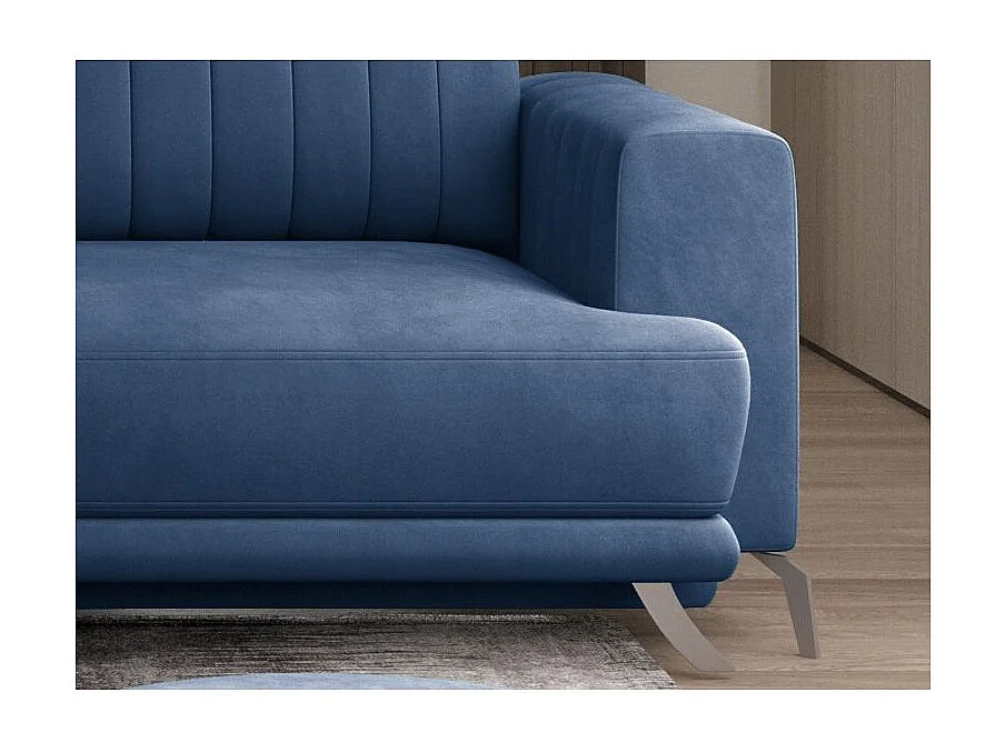 Designer 3/4-zits slaapbank in blauw fluweel en chroomstalen poten Eliza 250 cm
