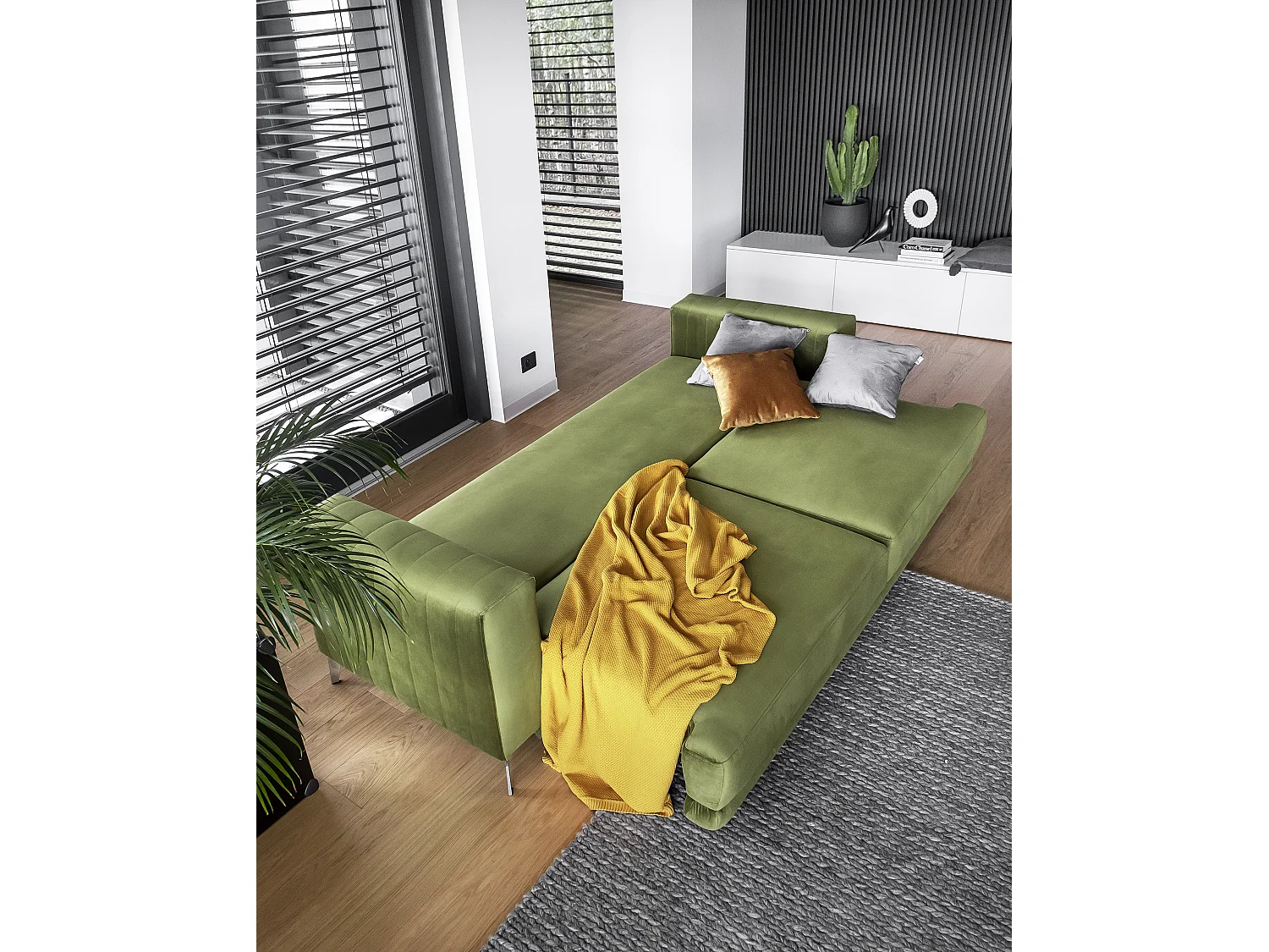 Designer 3/4-zits slaapbank in blauw fluweel en chroomstalen poten Eliza 250 cm