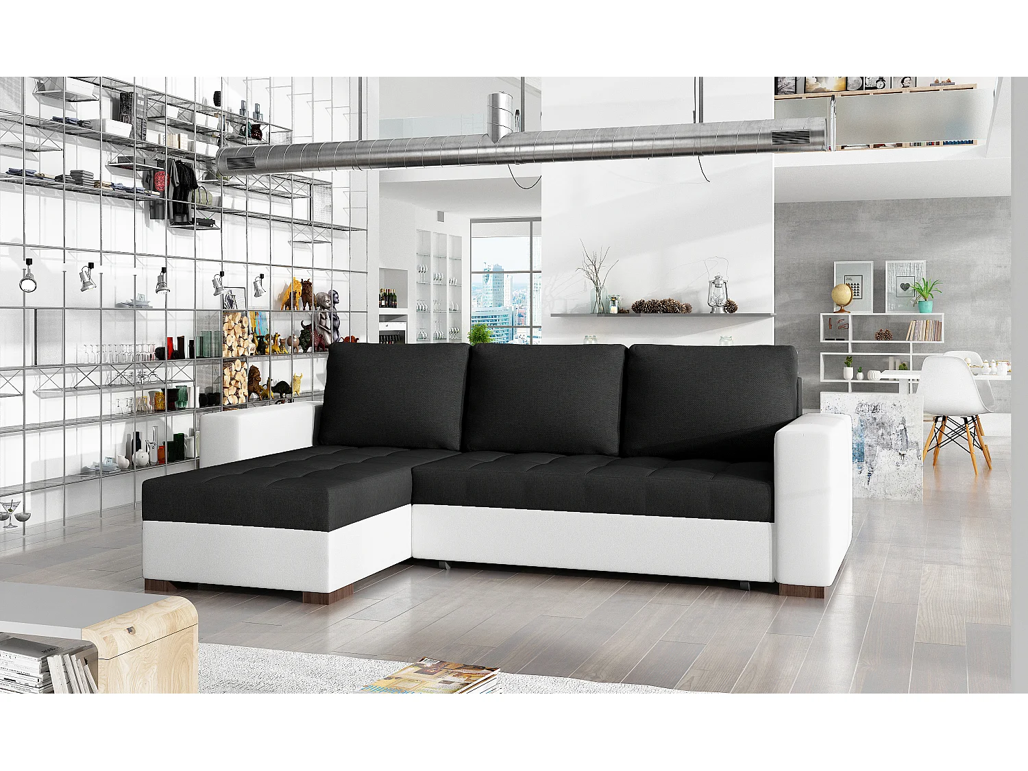 Canapé d'angle convertible et réversible tissu noir et simili cuir blanc Zelly 237cm