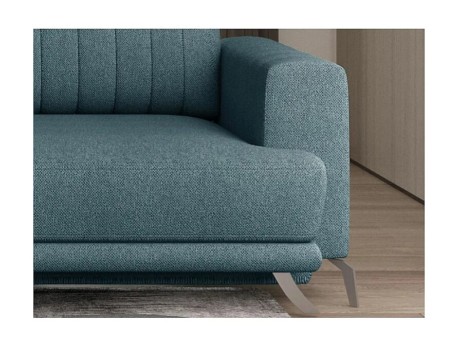 Canapé convertible design 3-4 places tissu bleu horizon et pieds acier chromé Eliza 250cm