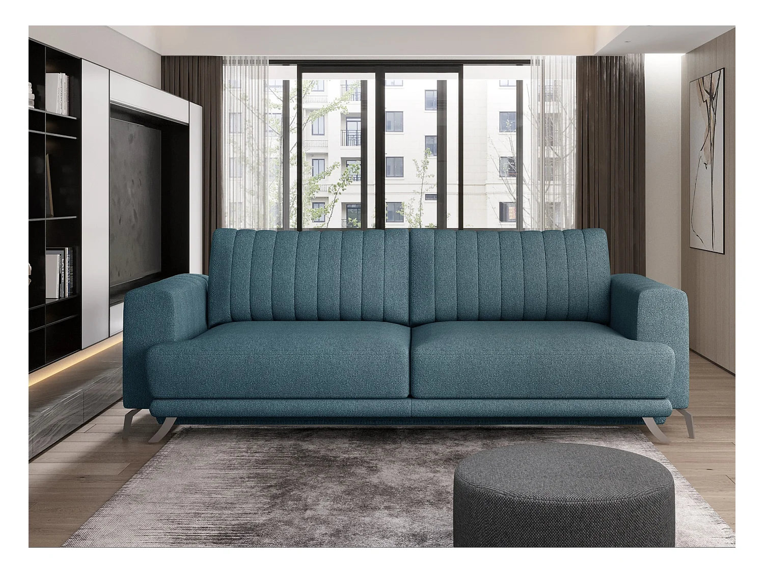 Canapé convertible design 3-4 places tissu bleu horizon et pieds acier chromé Eliza 250cm