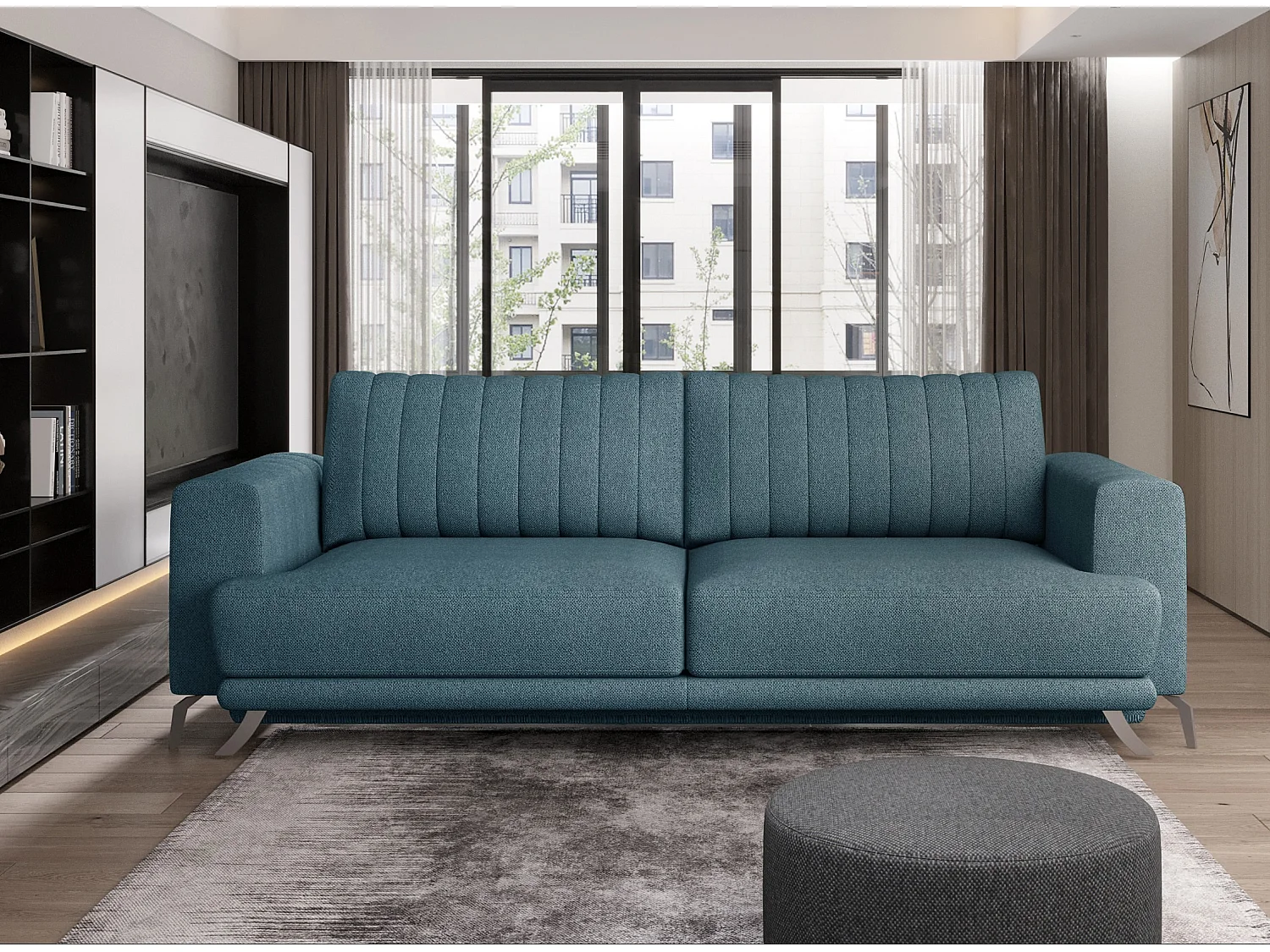 Canapé convertible design 3-4 places tissu bleu horizon et pieds acier chromé Eliza 250cm