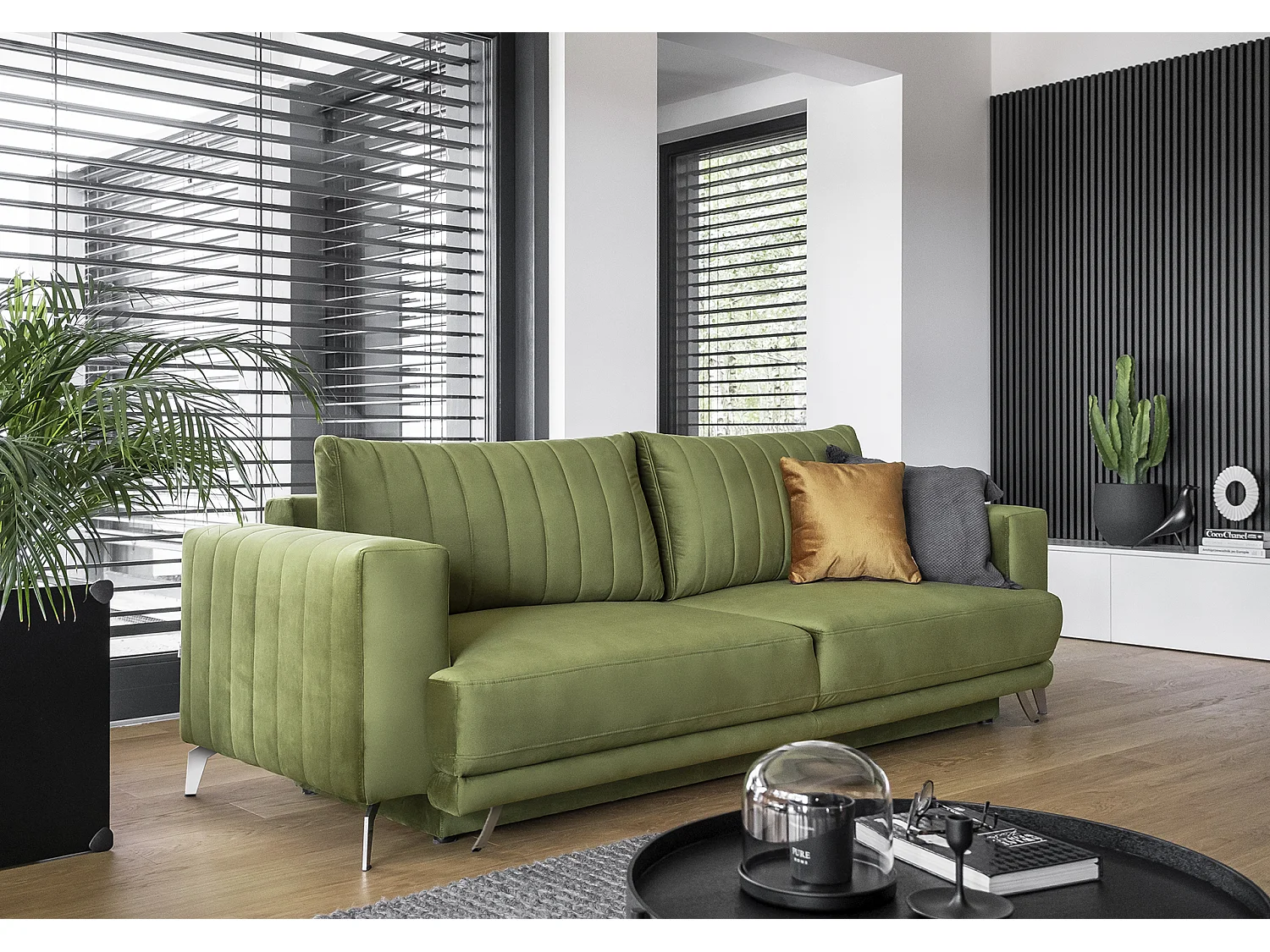 Canapé convertible design 3-4 places tissu bleu horizon et pieds acier chromé Eliza 250cm