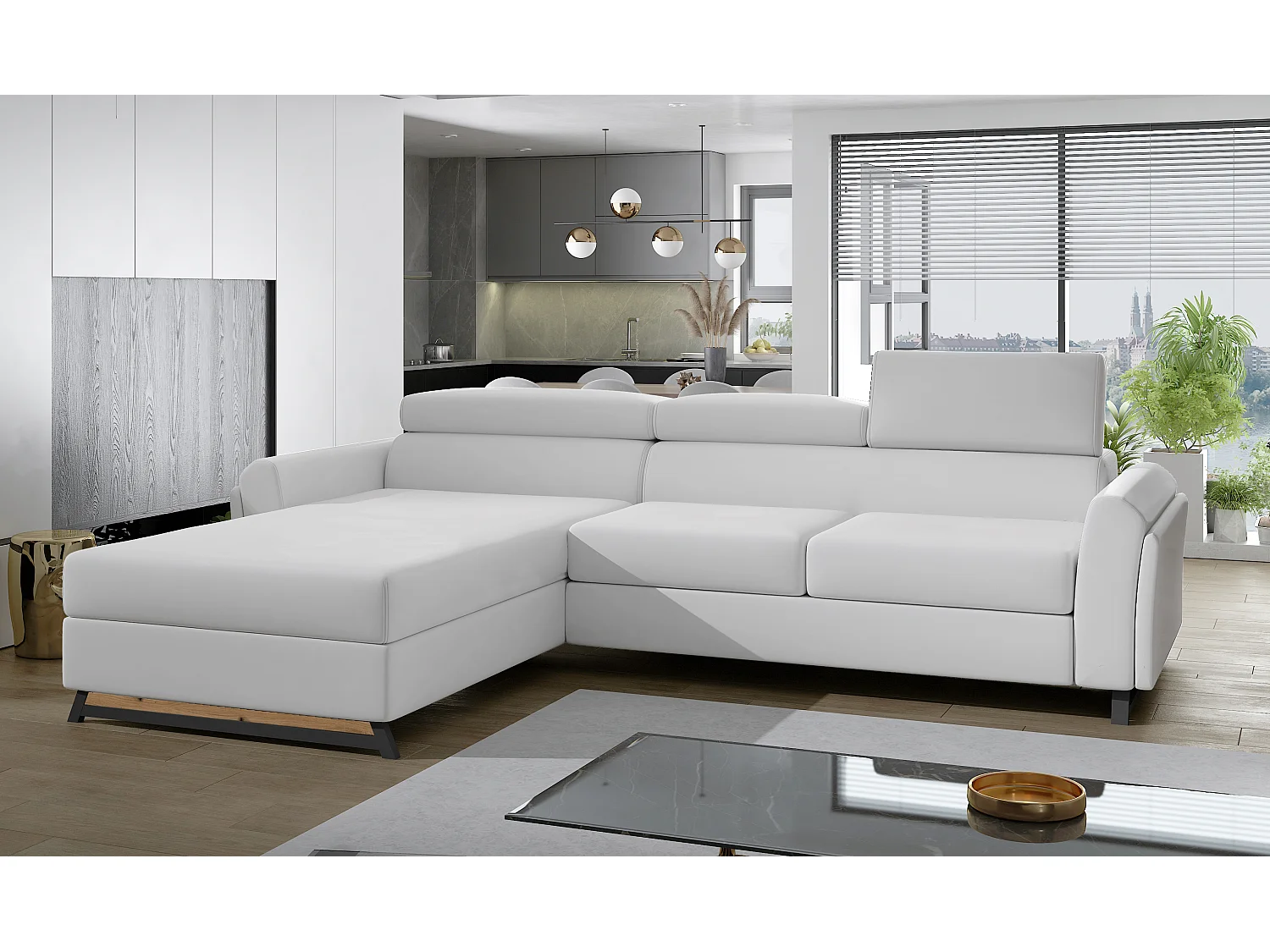 Canapé angle gauche convertible simili clair blanc avec appuis-tête réglables Mazerali 300cm