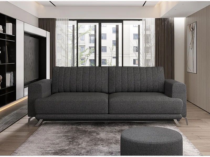 Canapé convertible design 3-4 places tissu gris foncé et pieds acier chromé Eliza 250cm