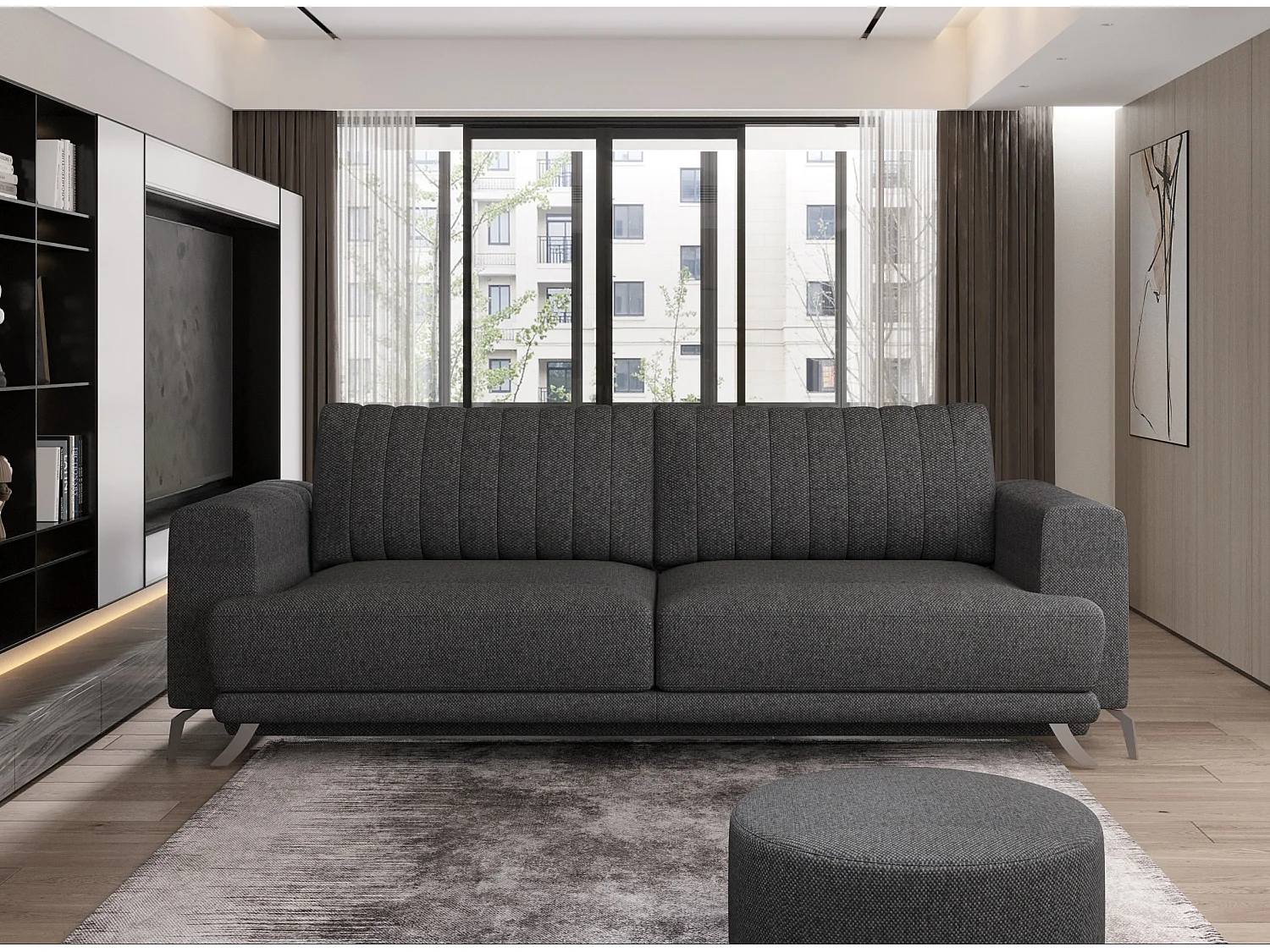 Designer 3/4-zits slaapbank in donkergrijze stof en chroomstalen poten Eliza 250 cm