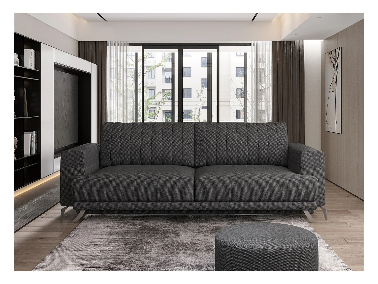 Canapé convertible design 3-4 places tissu gris foncé et pieds acier chromé Eliza 250cm