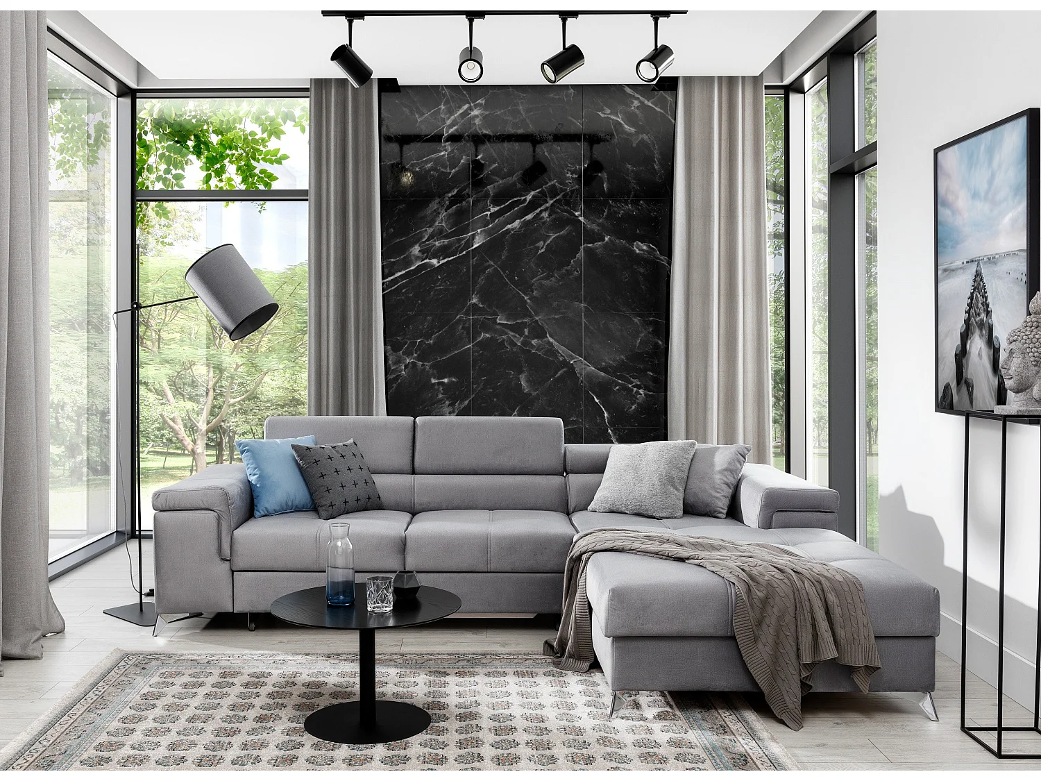 Canapé angle droit convertible velours gris clair avec appuis-tête réglables Rikaro 280cm