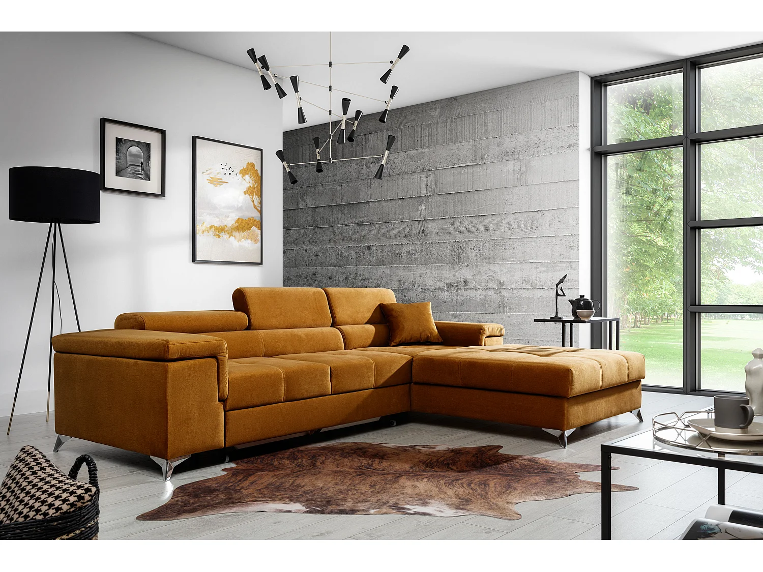 Canapé angle droit convertible velours gris clair avec appuis-tête réglables Rikaro 280cm