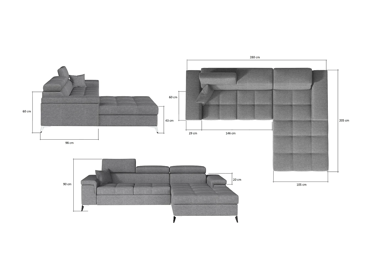 Canapé angle droit convertible velours gris clair avec appuis-tête réglables Rikaro 280cm