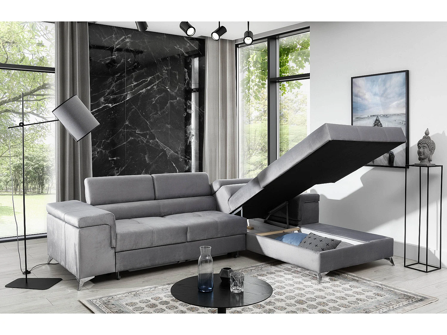 Canapé d'angle convertible velours appuis-tête réglables RIKARO - Coffre et pieds acier chromé-Gris clair-angle droit