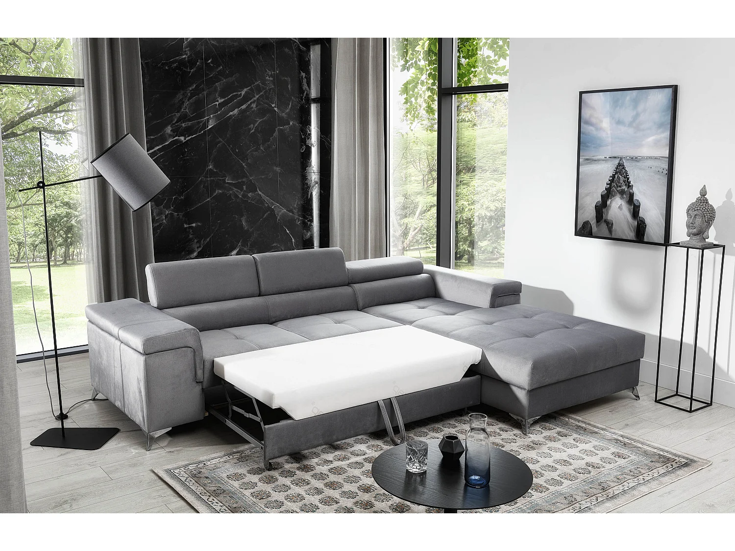 Canapé d'angle convertible velours appuis-tête réglables RIKARO - Coffre et pieds acier chromé-Gris clair-angle droit