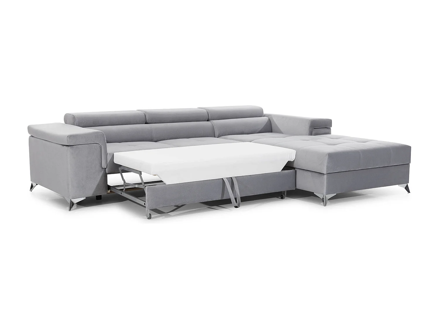 Canapé d'angle convertible velours appuis-tête réglables RIKARO - Coffre et pieds acier chromé-Gris clair-angle droit