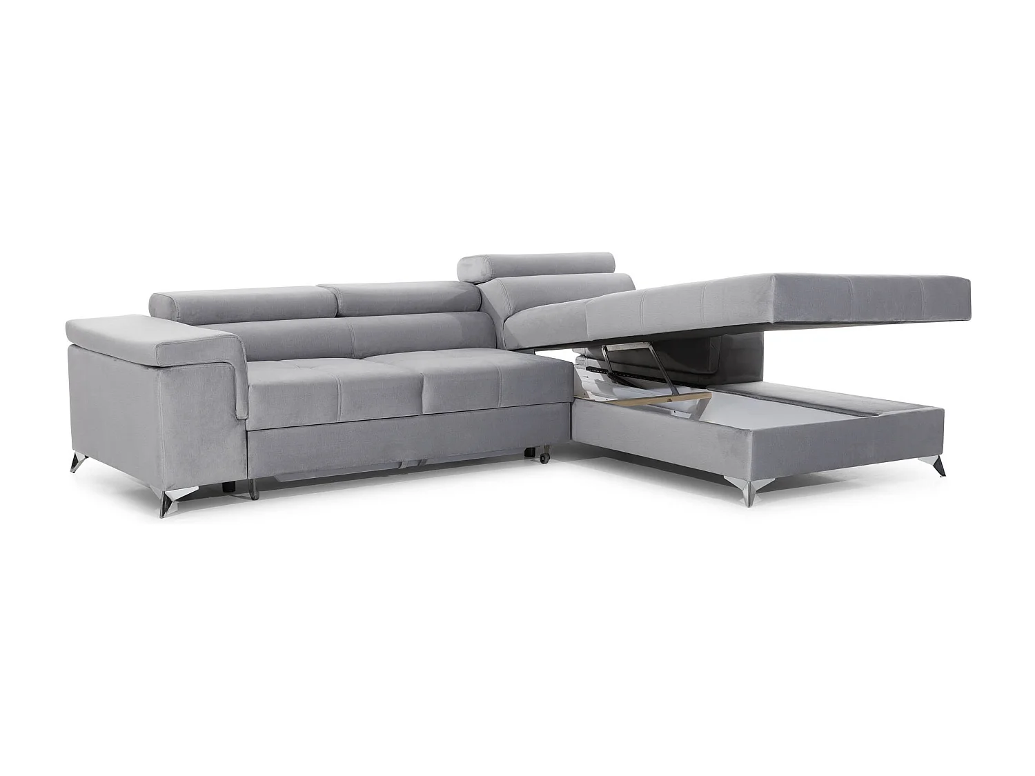 Canapé d'angle convertible velours appuis-tête réglables RIKARO - Coffre et pieds acier chromé-Gris clair-angle droit