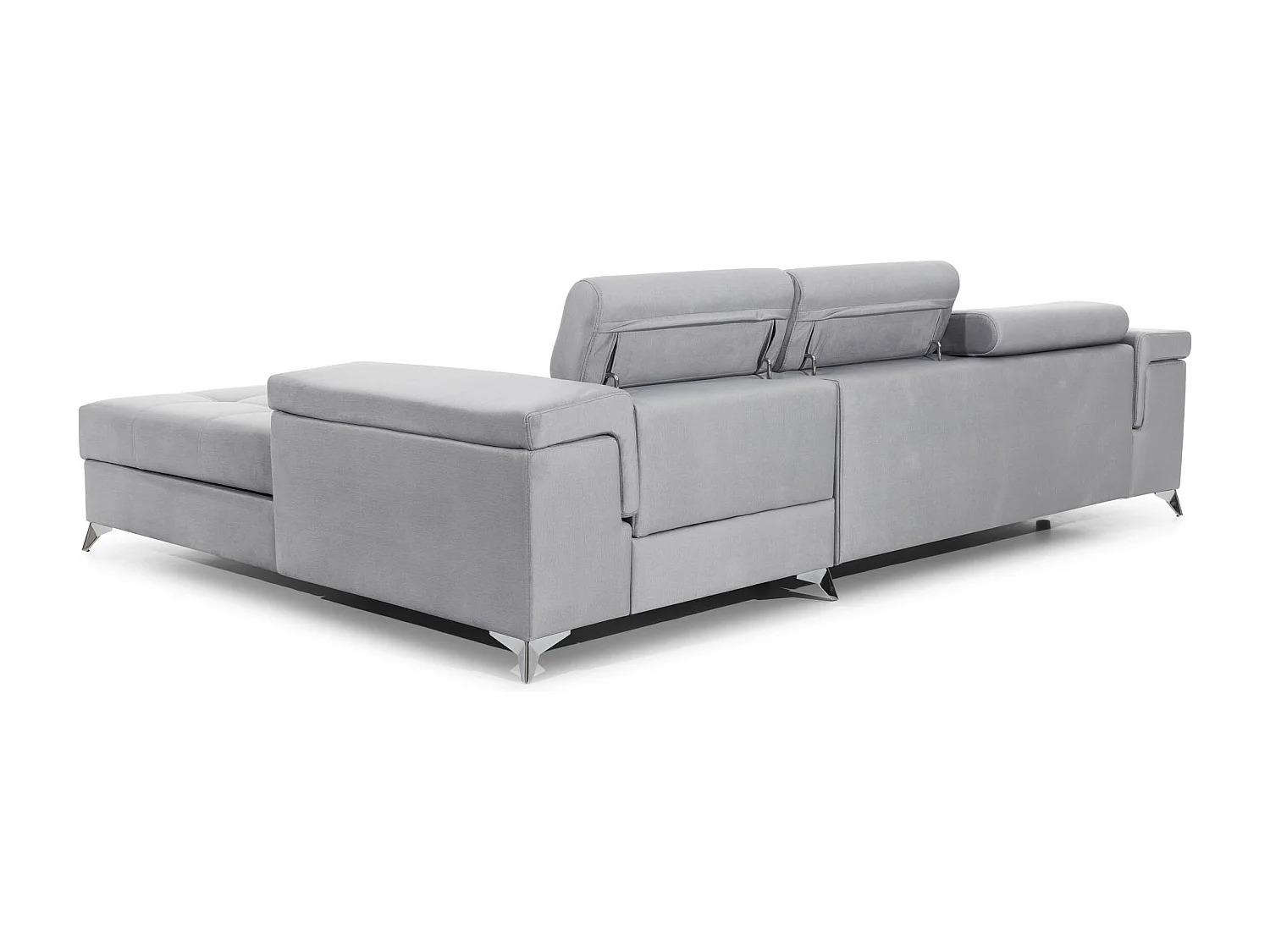 Canapé d'angle convertible velours appuis-tête réglables RIKARO - Coffre et pieds acier chromé-Gris clair-angle droit