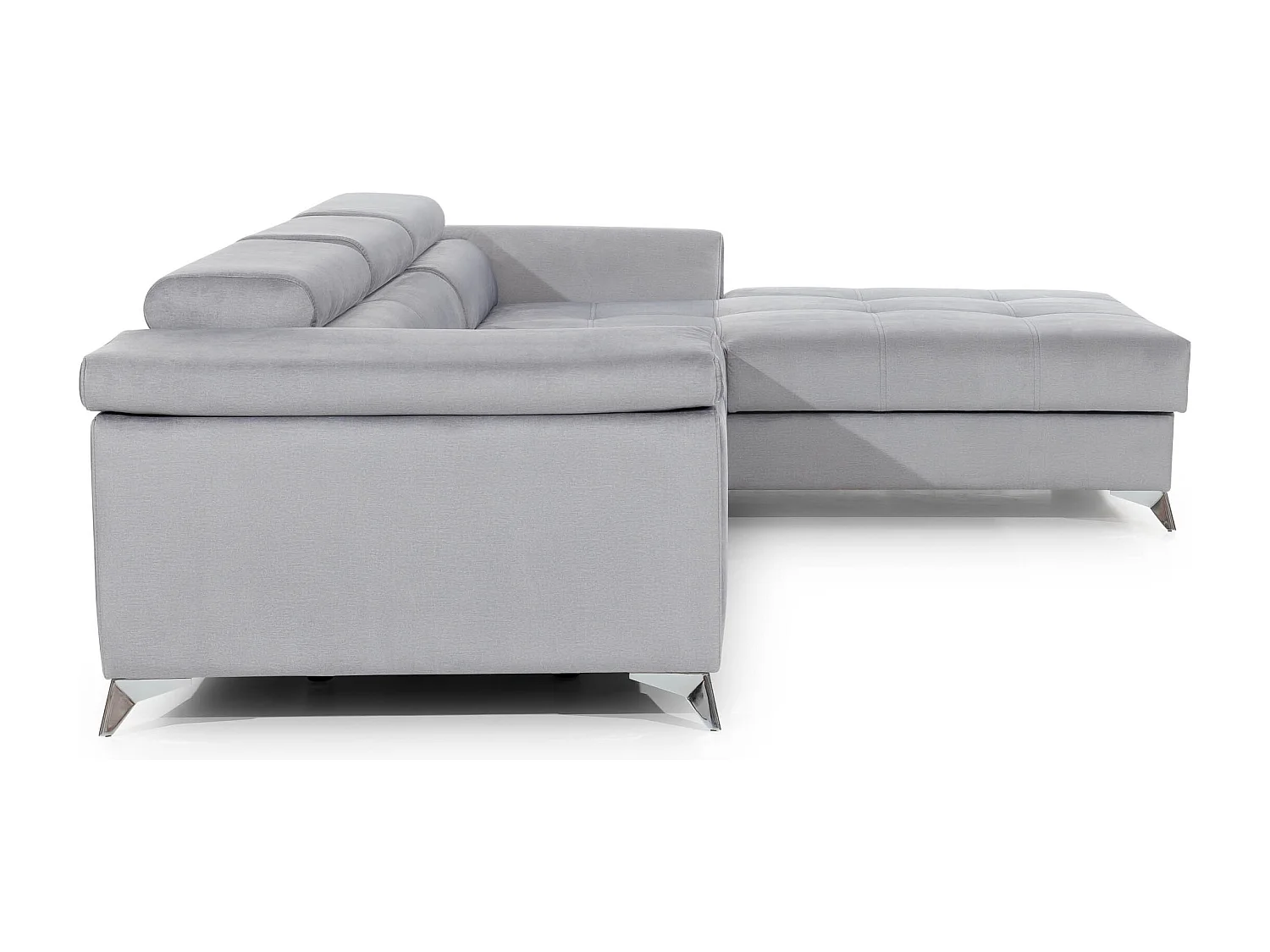 Canapé d'angle convertible velours appuis-tête réglables RIKARO - Coffre et pieds acier chromé-Gris clair-angle droit