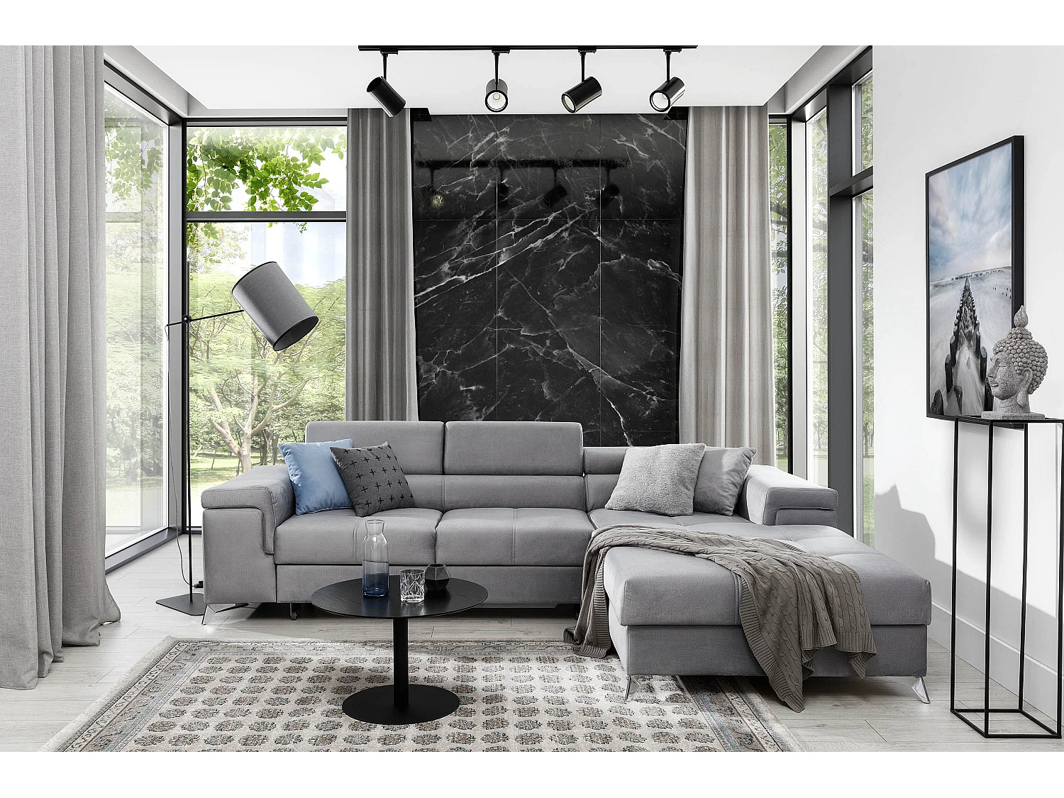 Canapé d'angle convertible velours appuis-tête réglables RIKARO - Coffre et pieds acier chromé-Gris clair-angle droit