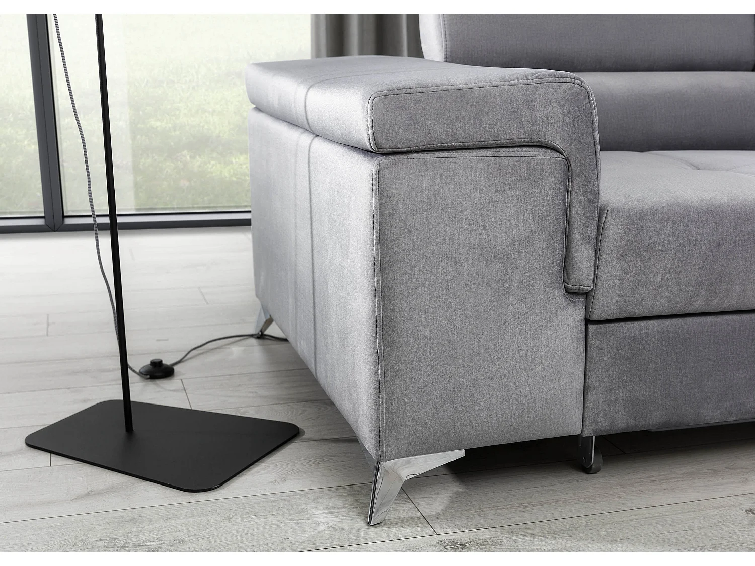 Canapé d'angle convertible velours appuis-tête réglables RIKARO - Coffre et pieds acier chromé-Gris clair-angle droit