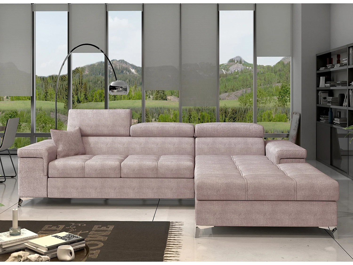 Canapé angle droit convertible tissu rose clair avec appuis-tête réglables Rikaro 280cm