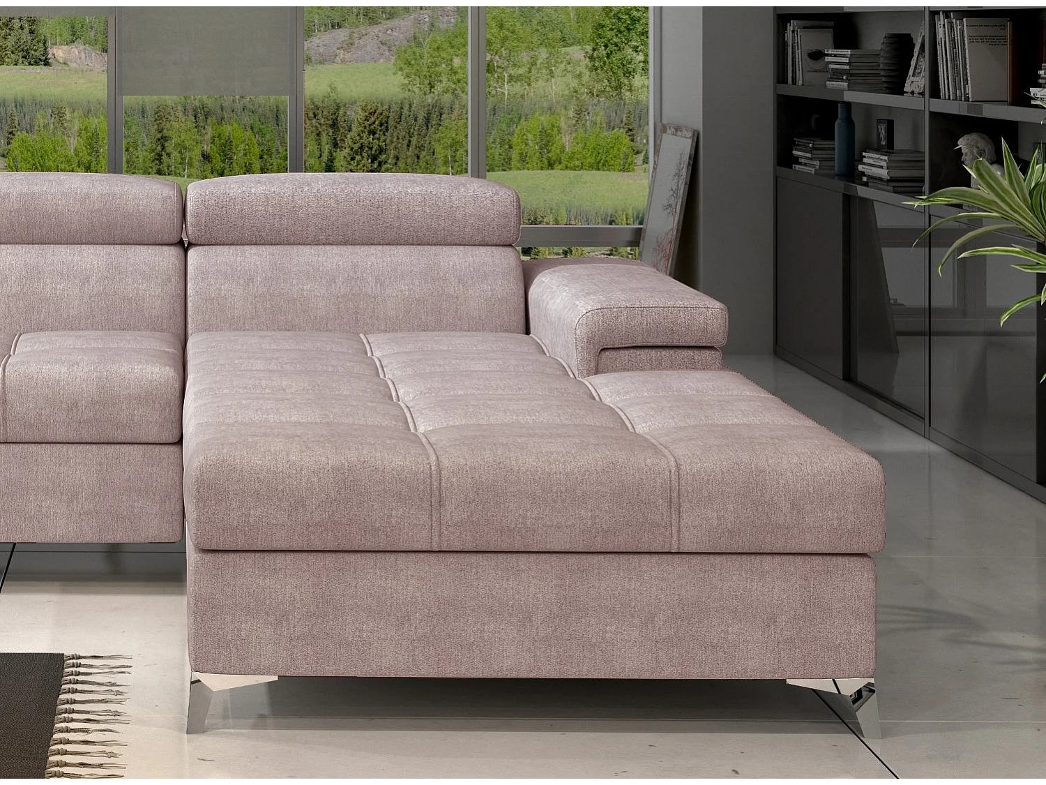 Canapé angle droit convertible tissu rose clair avec appuis-tête réglables Rikaro 280cm