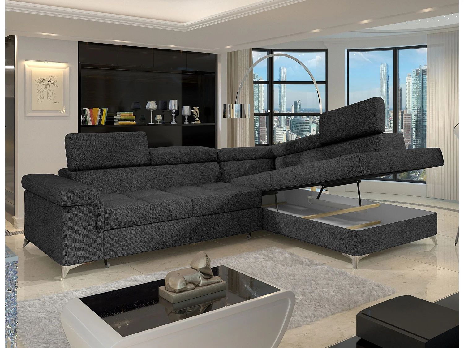 Canapé d'angle convertible tissu MARIDO - Coffre et appuis-tête réglables-Gris foncé-angle droit