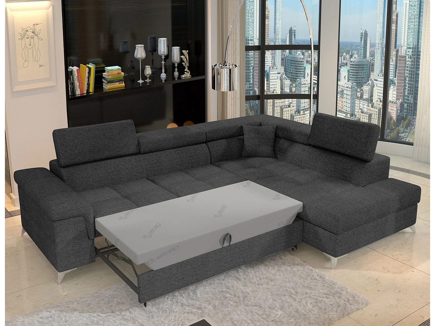 Canapé d'angle convertible tissu MARIDO - Coffre et appuis-tête réglables-Gris foncé-angle droit