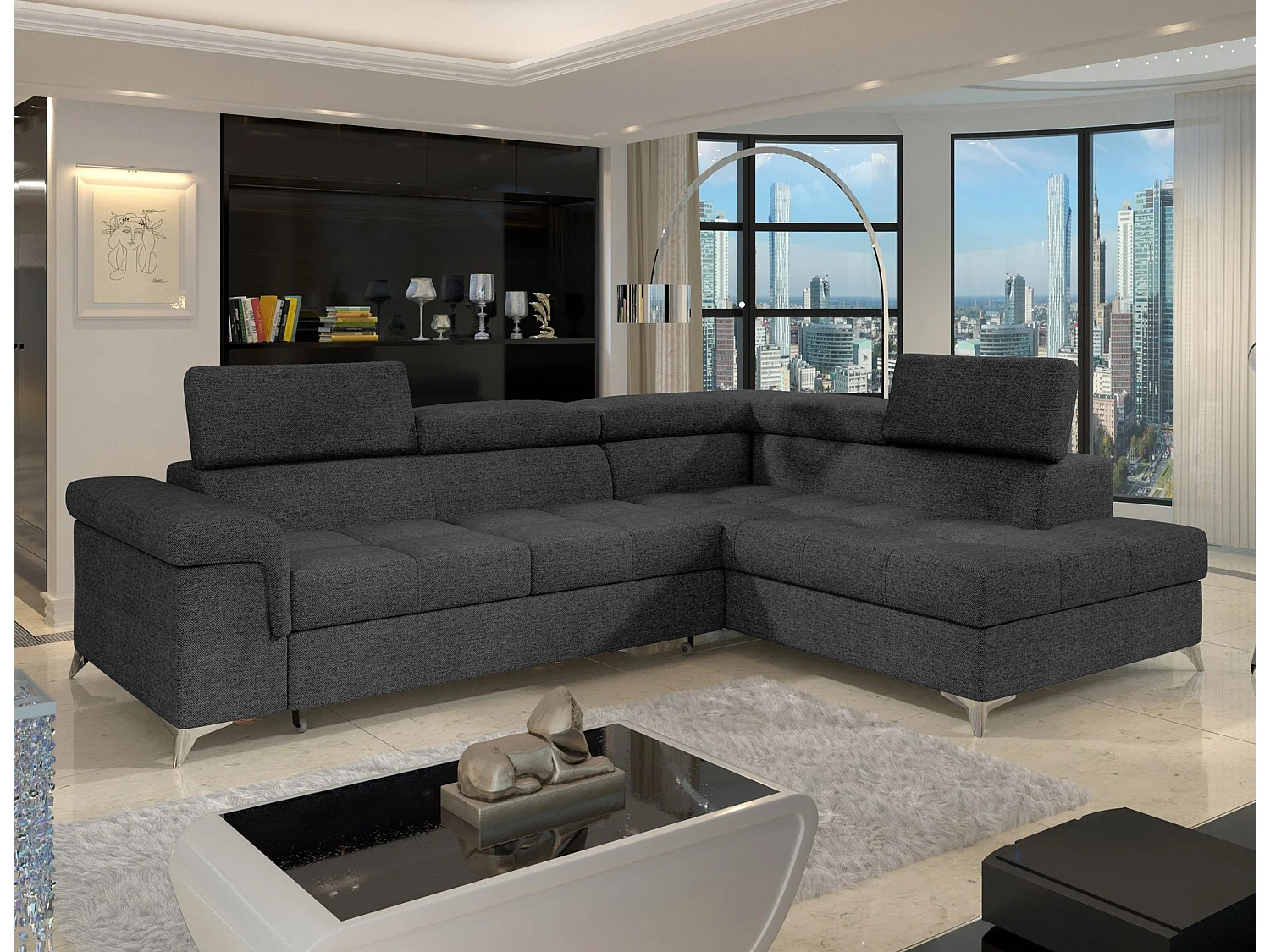 Canapé d'angle convertible tissu MARIDO - Coffre et appuis-tête réglables-Gris foncé-angle droit