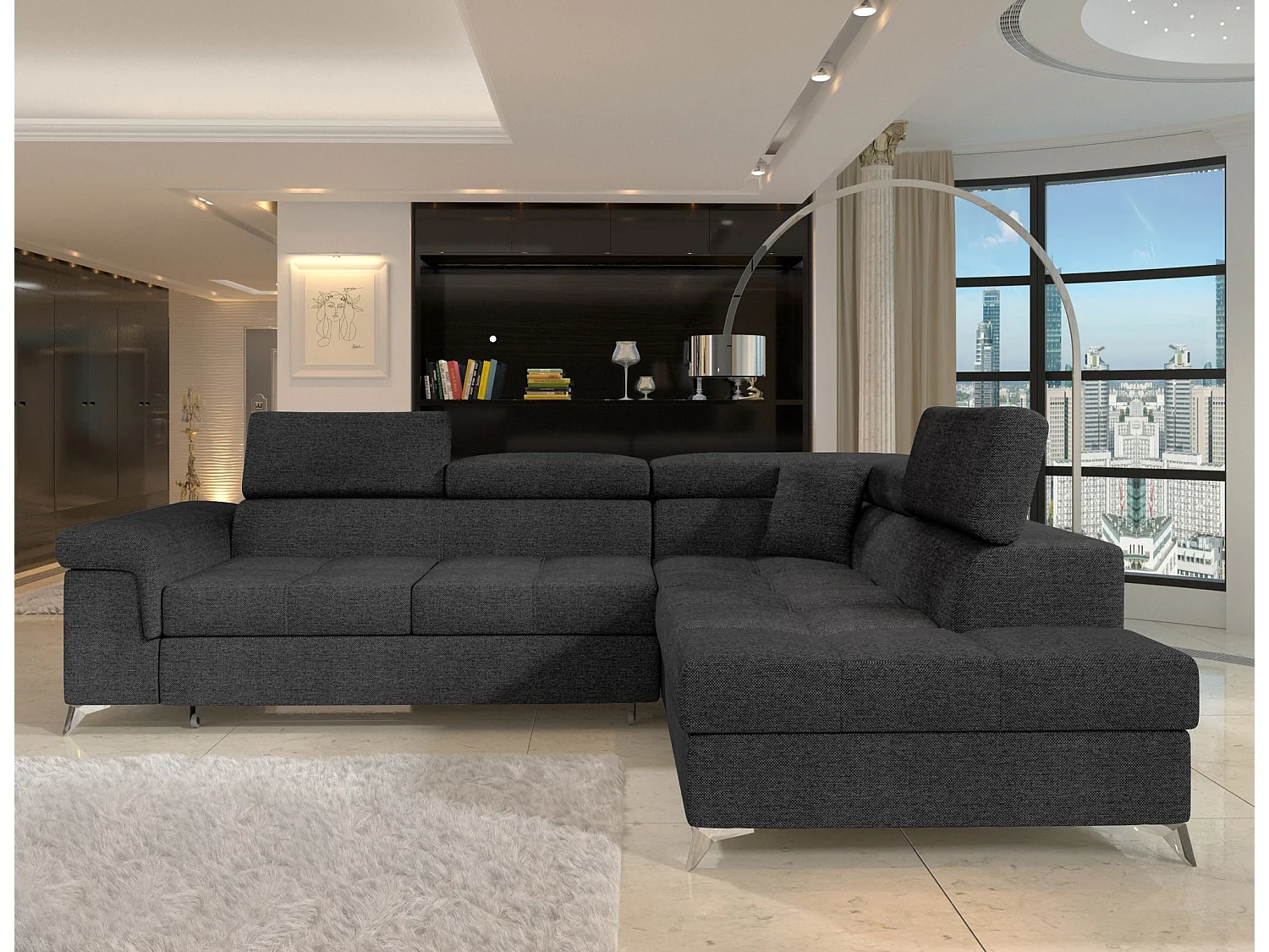 Canapé d'angle convertible tissu MARIDO - Coffre et appuis-tête réglables-Gris foncé-angle droit