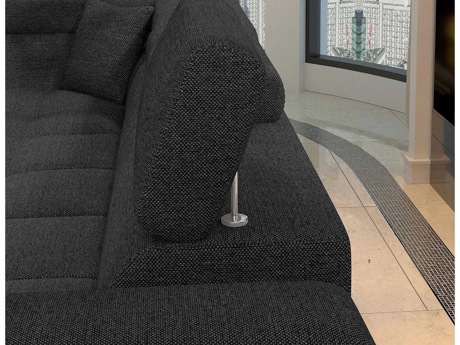 Canapé d'angle convertible tissu MARIDO - Coffre et appuis-tête réglables-Gris foncé-angle droit