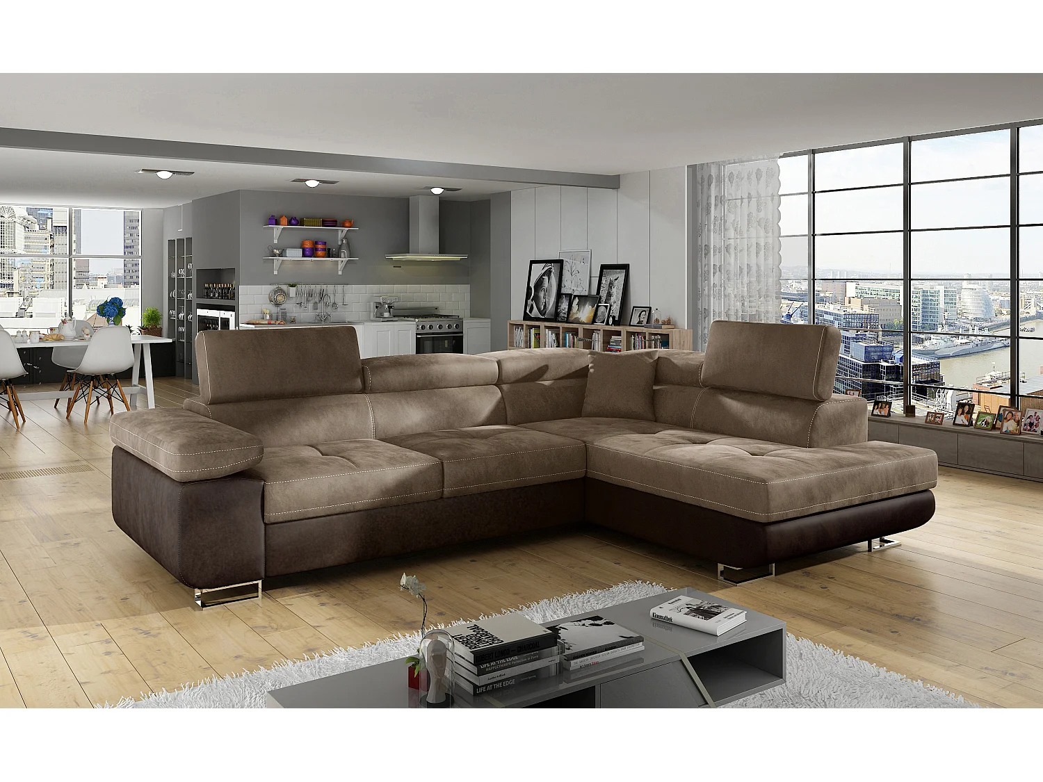 Canapé d'angle droit convertible velours marron clair et marron foncé Marka 275cm