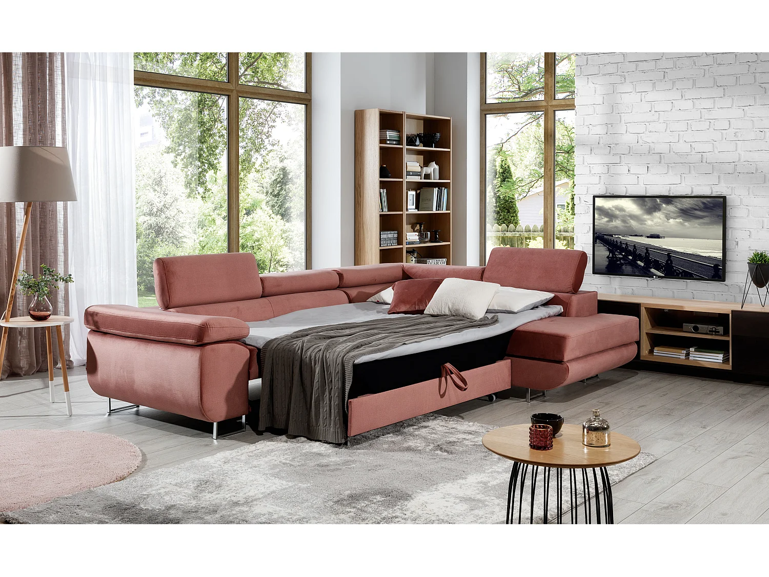 Canapé d'angle droit convertible velours marron clair et marron foncé Marka 275cm