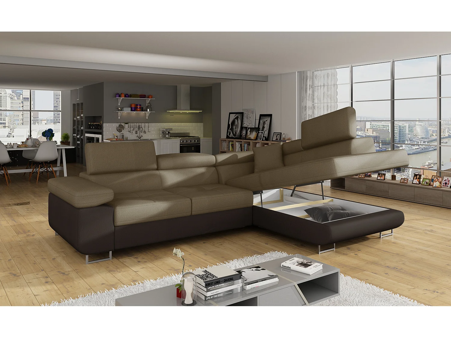 Sofá esquinero convertible en terciopelo con reposacabezas elevables - Colección Marka-Marrón/Marrón claro-Ángulos rectos