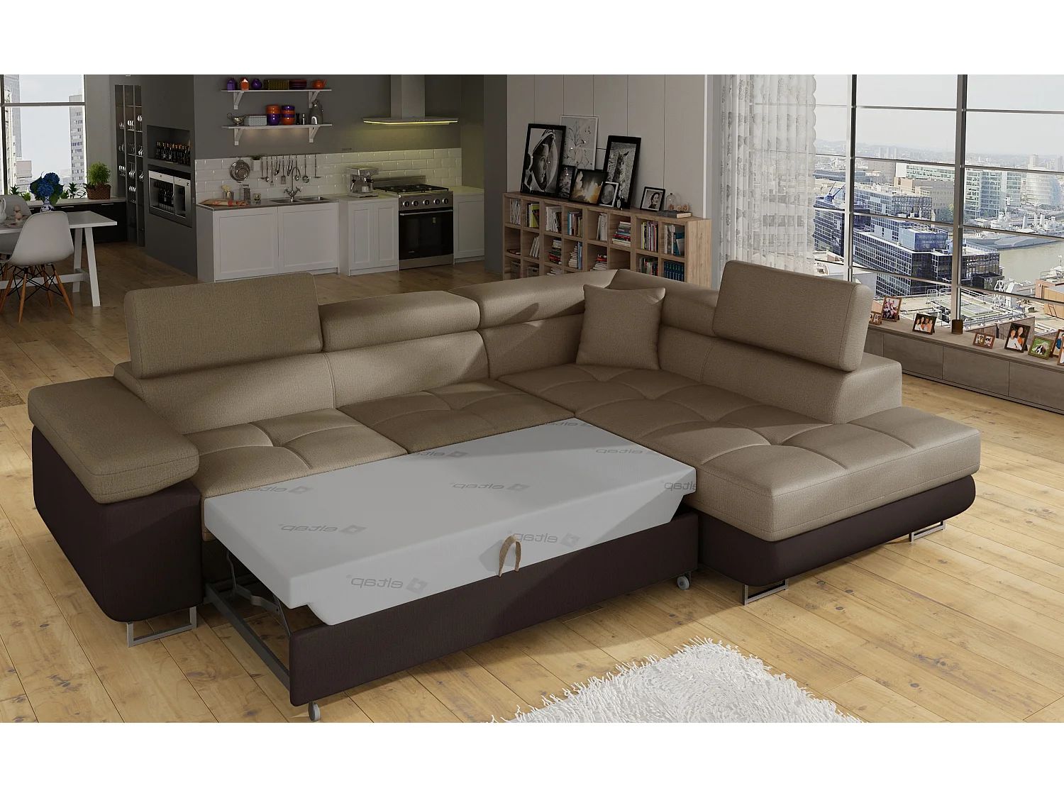 Sofá esquinero convertible en terciopelo con reposacabezas elevables - Colección Marka-Marrón/Marrón claro-Ángulos rectos