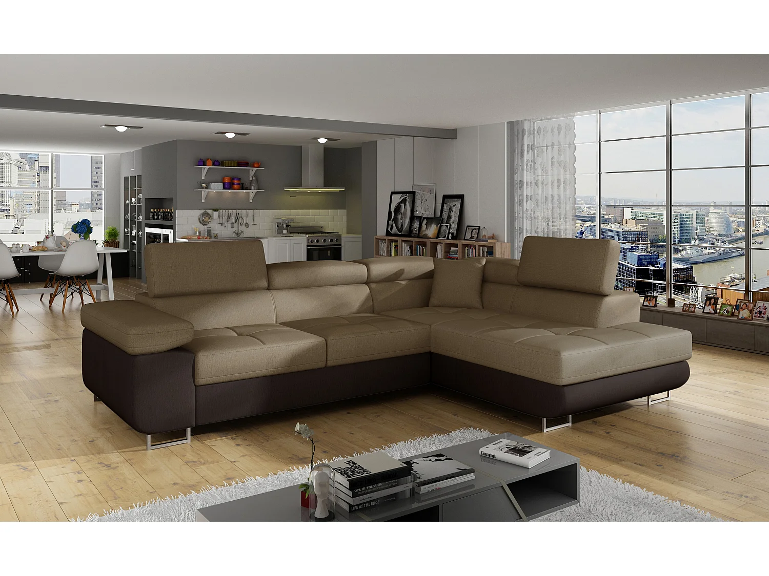 Sofá esquinero convertible en terciopelo con reposacabezas elevables - Colección Marka-Marrón/Marrón claro-Ángulos rectos