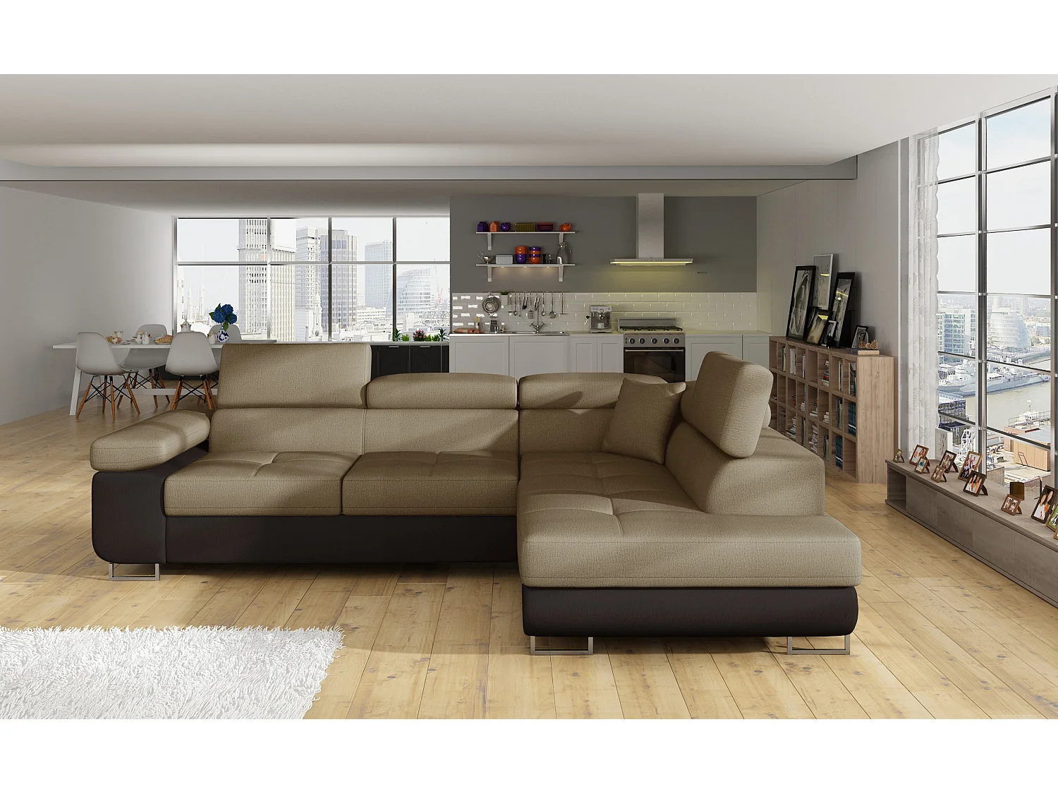 Sofá esquinero convertible en terciopelo con reposacabezas elevables - Colección Marka-Marrón/Marrón claro-Ángulos rectos