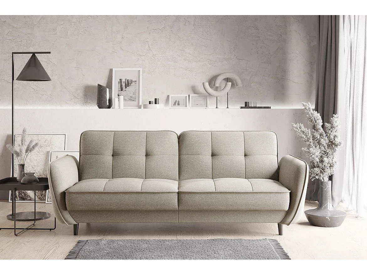 Canapé convertible 3 places tissu crème capitonné et pieds bois noir Bizza 220cm