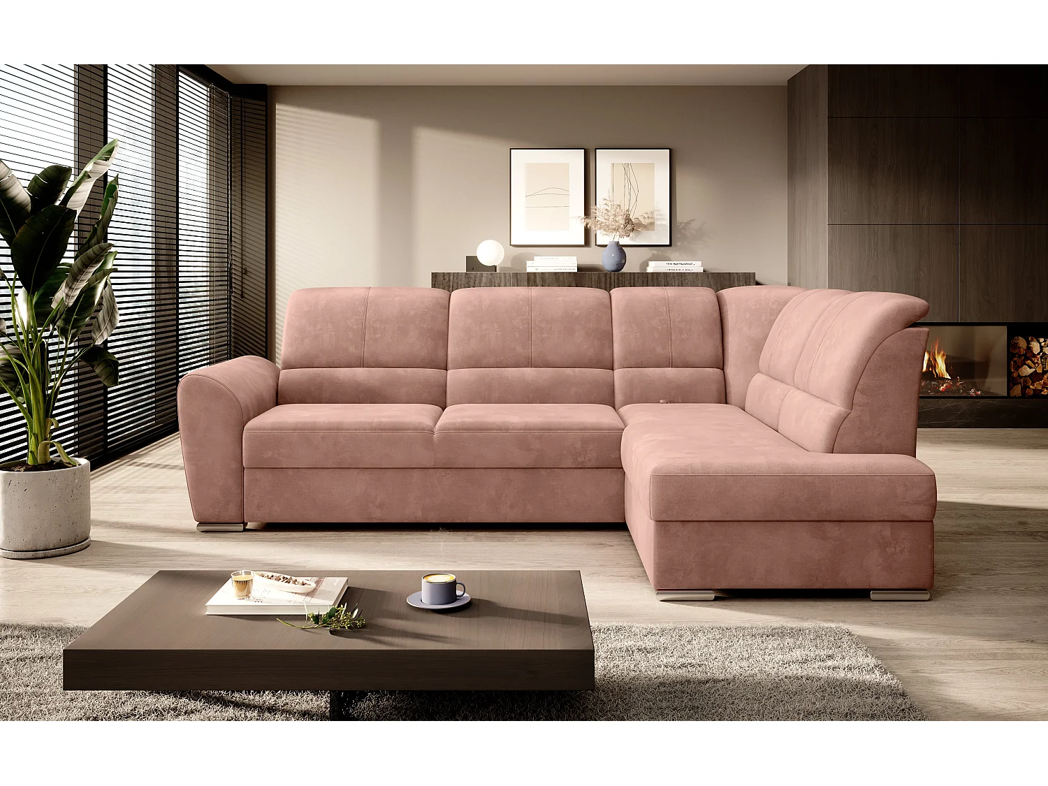 Canapé angle droit convertible tissu doux rose et pieds acier chromé Zabor 270cm